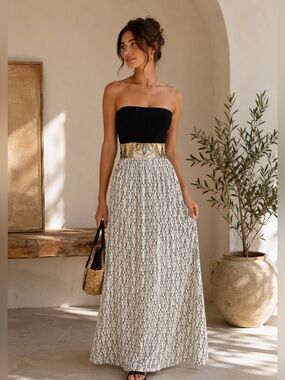 Skemo Black Strapless Maxi Dress with Ivory Lace Skirt and Gold Beaded Waist